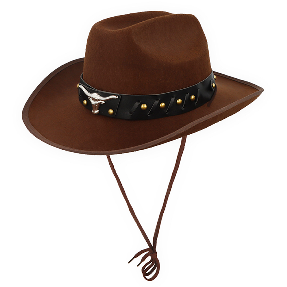 Brown Cowboy Hat With Bull Horns