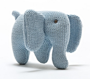 Small Knitted Organic Cotton Blue Elephant Baby Rattle