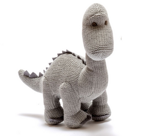 Small Knitted Organic Cotton Grey Diplodocus Dinosaur Baby Rattle