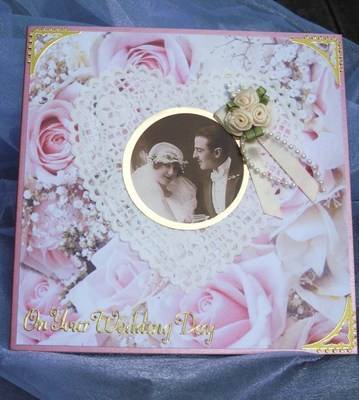 On Your Wedding Day card,  pink roses and lace heart doily