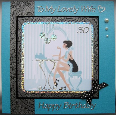 Lovely Wife turq/black lace handmade birthday card