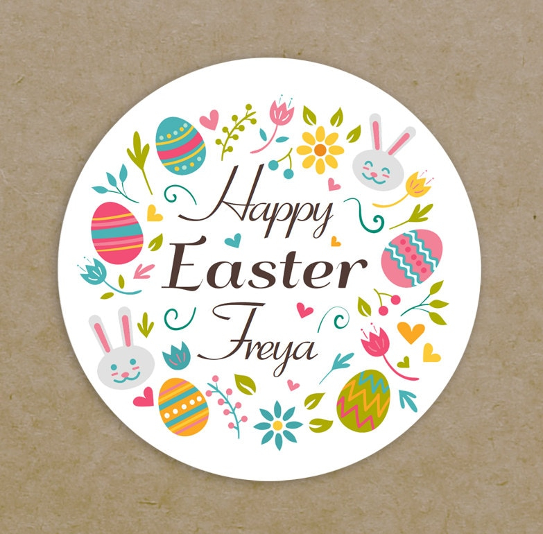 Happy Easter Circle Wreath Personalised Labels Printed Round Leaves Flowers Eggs Bunny Stickers