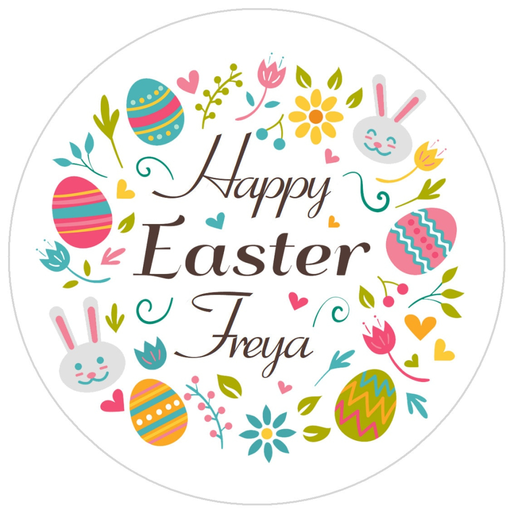 Happy Easter Circle Wreath Personalised Labels Printed Round Leaves Flowers Eggs Bunny Stickers