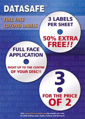 300 Datasafe Gloss 3UP Full Face CD / DVD Labels