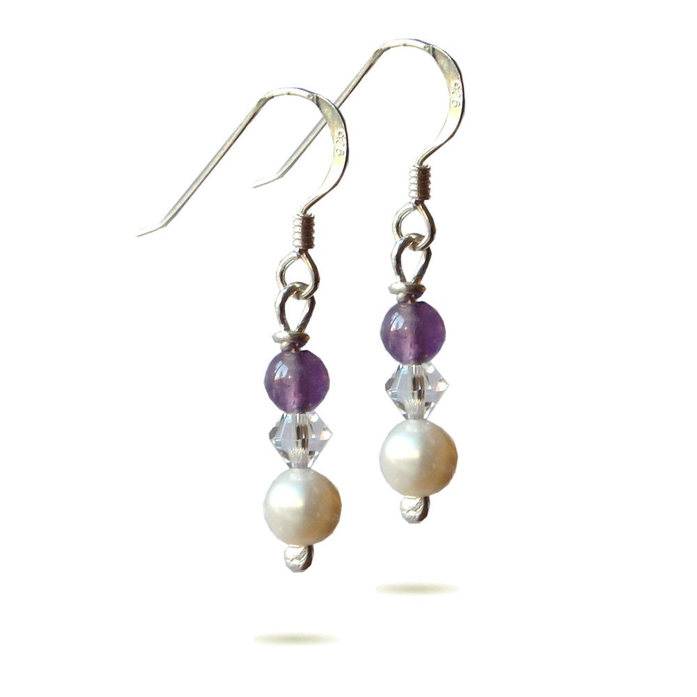 Silver Pearl, Swarovski, Amethyst Earrings - BCE16