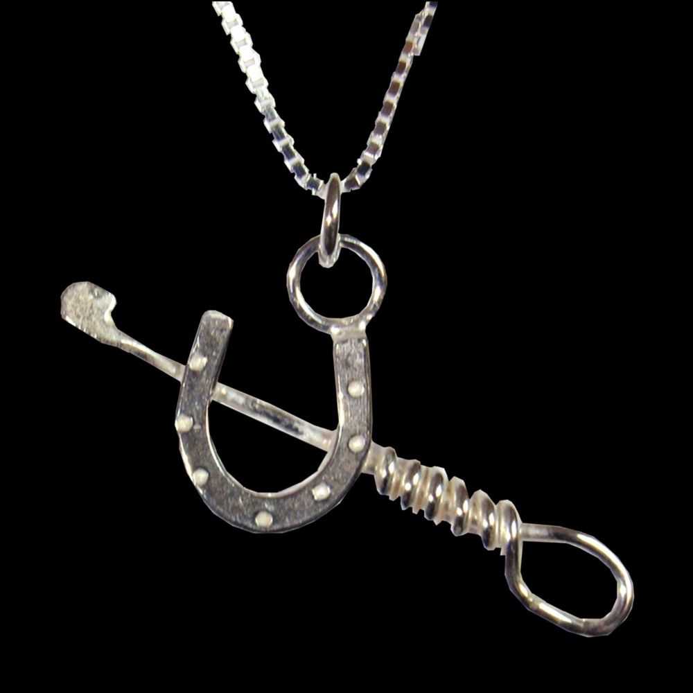 Silver Horseshoe and Riding Crop Pendant - HCP1H