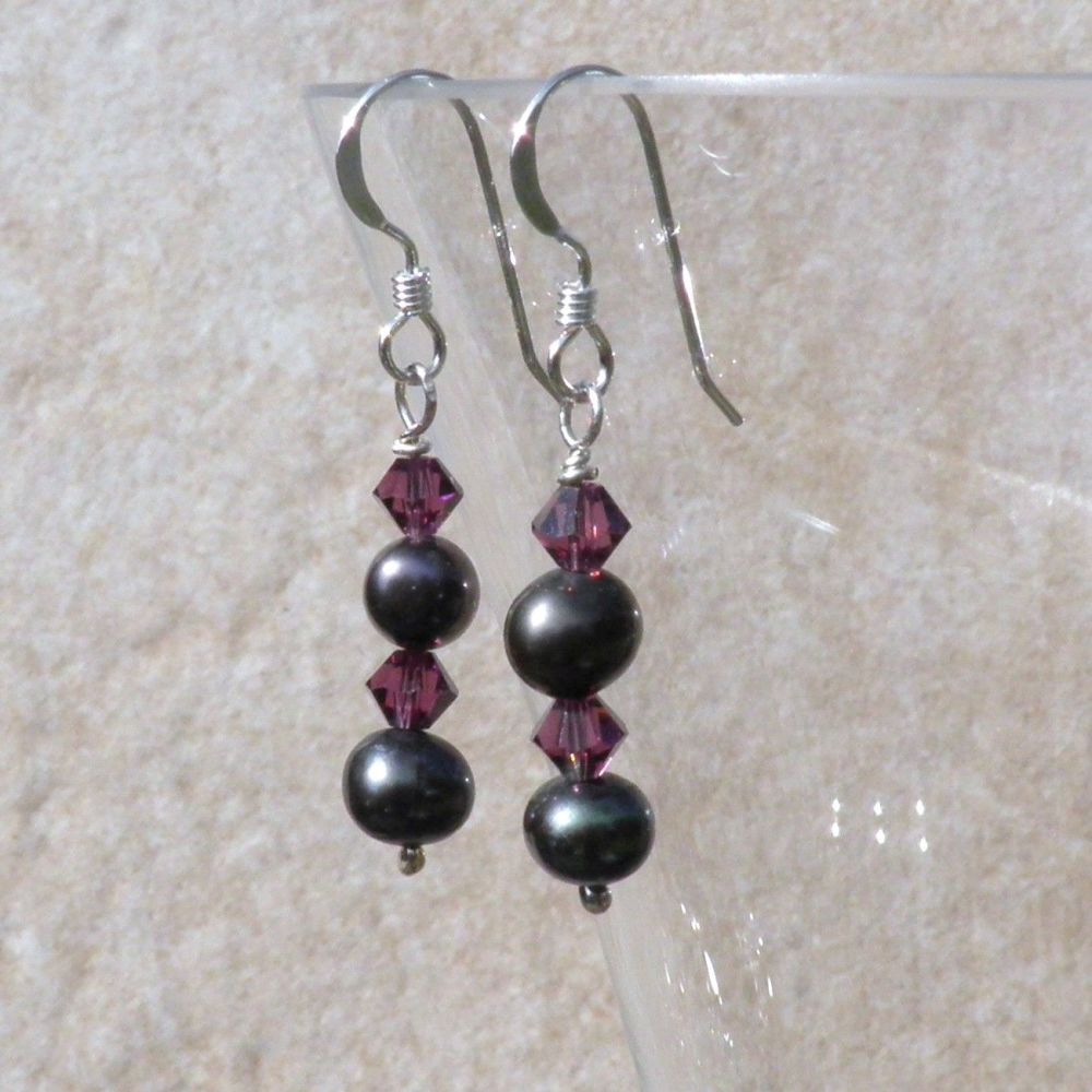 Silver Drop Pearl Earrings and Swarovski Crystal - CCE3