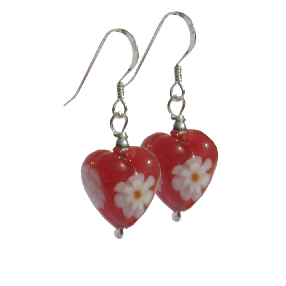 Silver, Red Daisy Murano Glass Earrings - MGE4d13