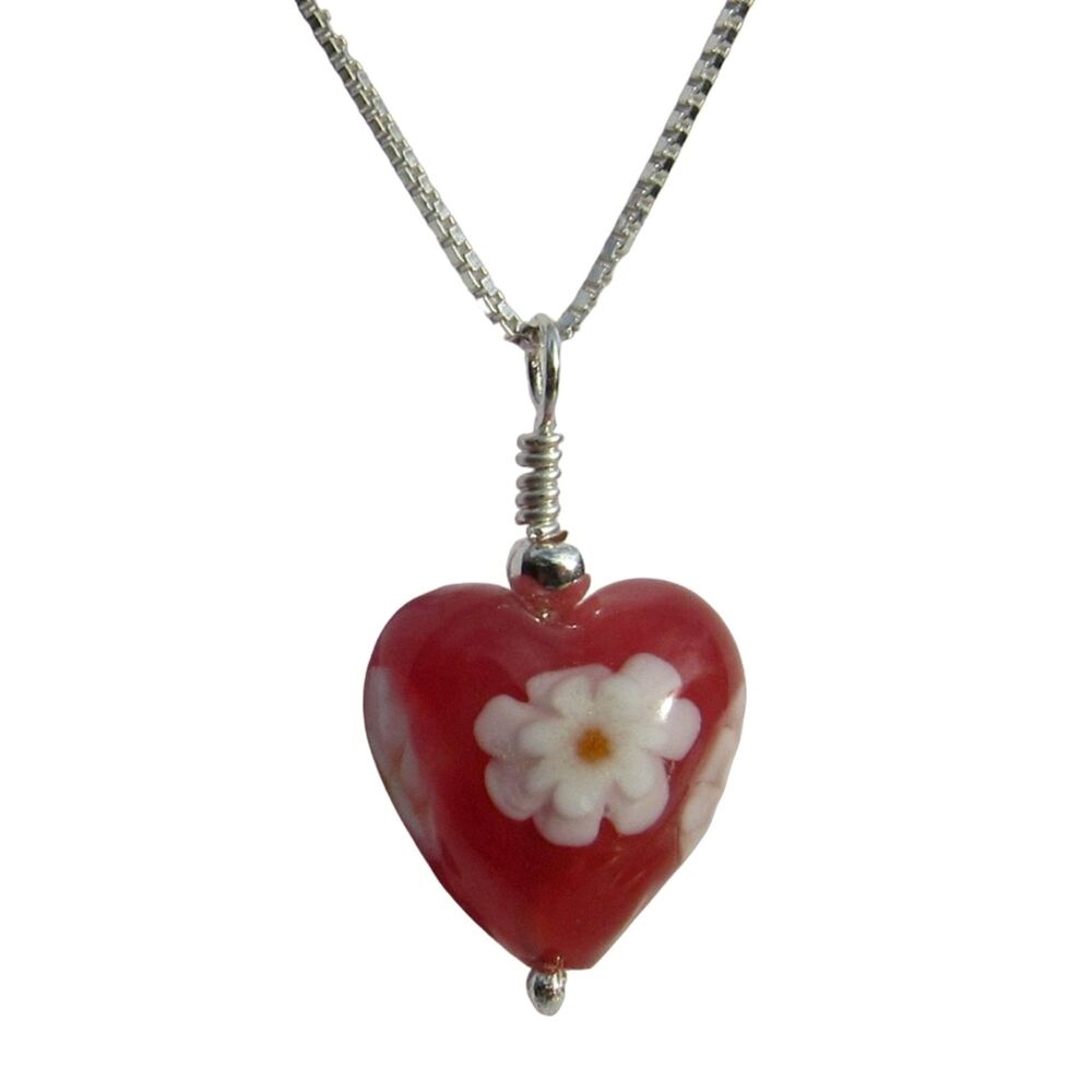 Red Daisy Murano Heart Necklace - MGPA4d13