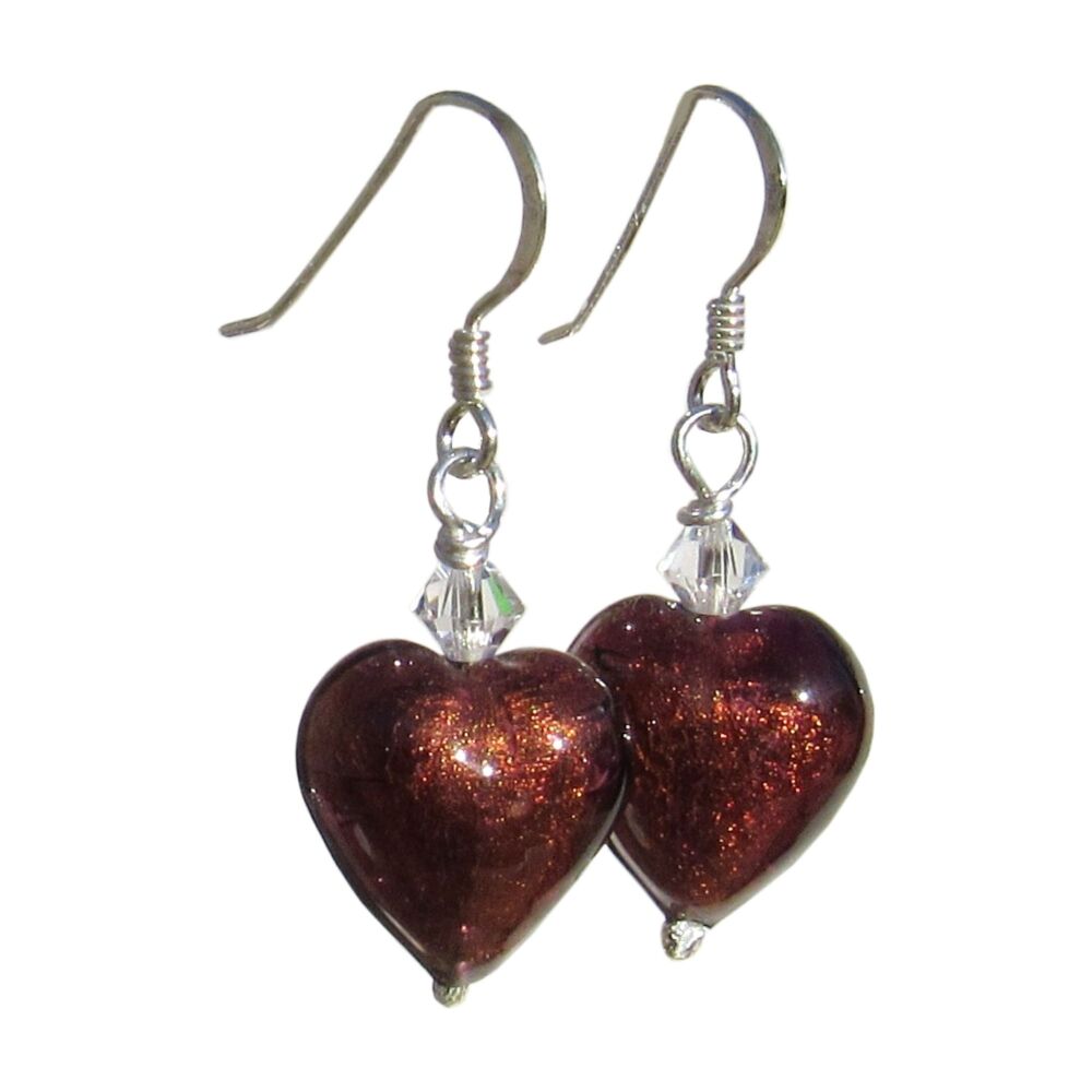 Dark Amethyst Bronze Murano Heart Silver Earrings - MGE11