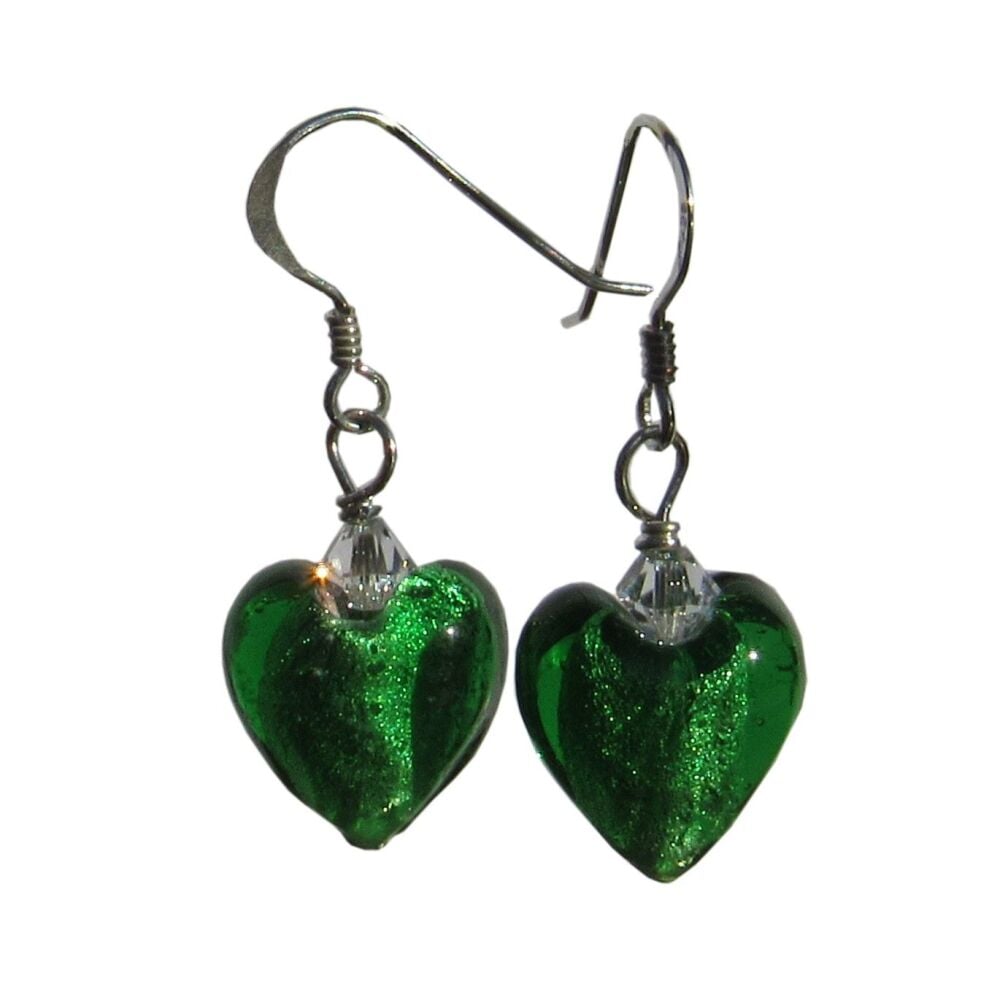 Dark Emerald Green Murano Heart Earrings - MGE3H