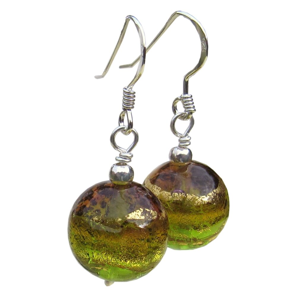 Green, Purple and Gold Murano Round Drop Earrings - MGER3G1