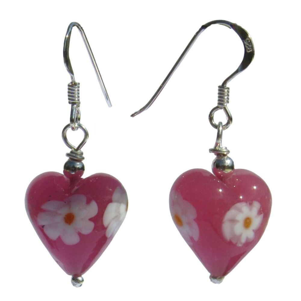 Dark Pink Daisy Murano Glass Silver Earrings - MGE9d13