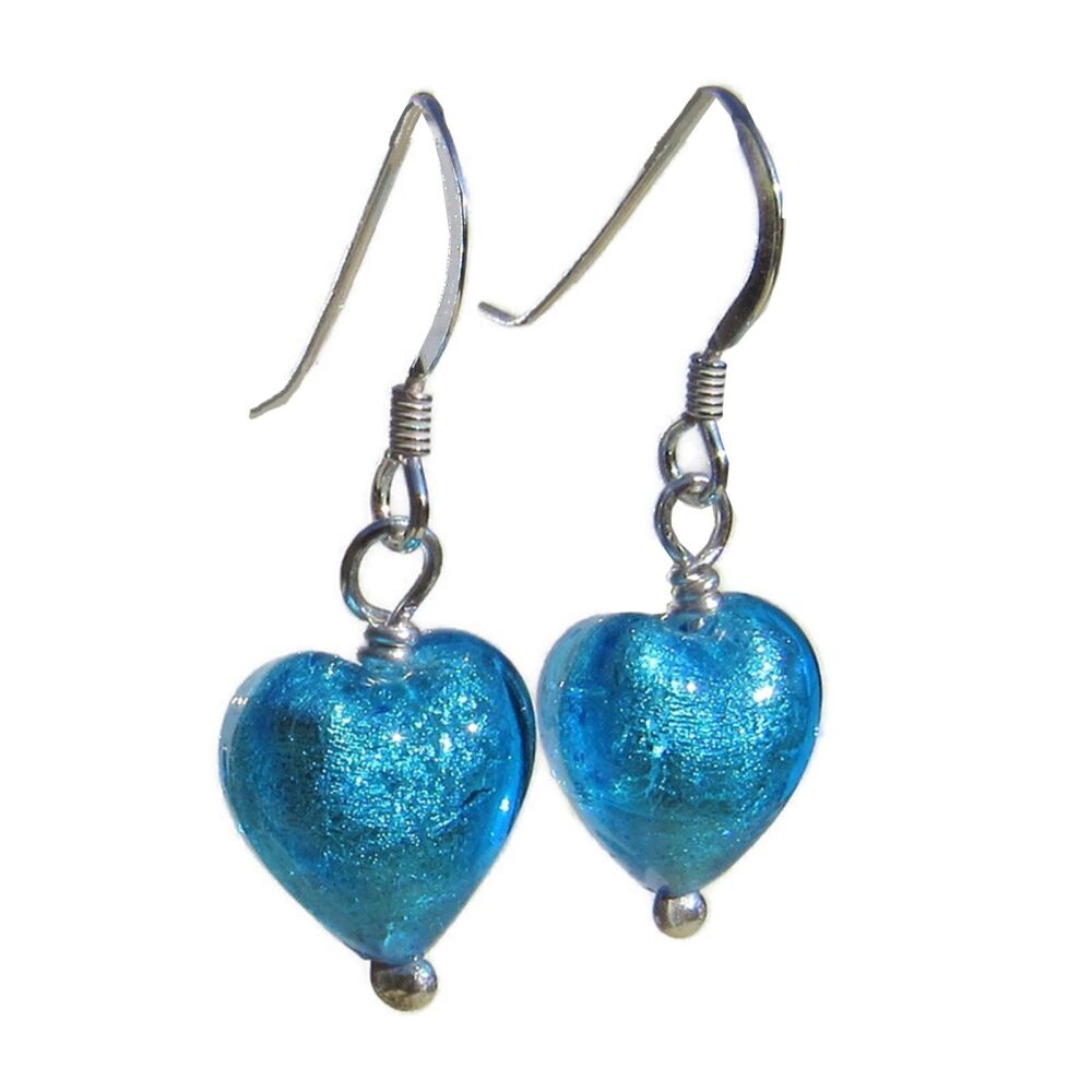 Aqua Blue 10mm Murano Hearts Earrings - MGE10mWGAH
