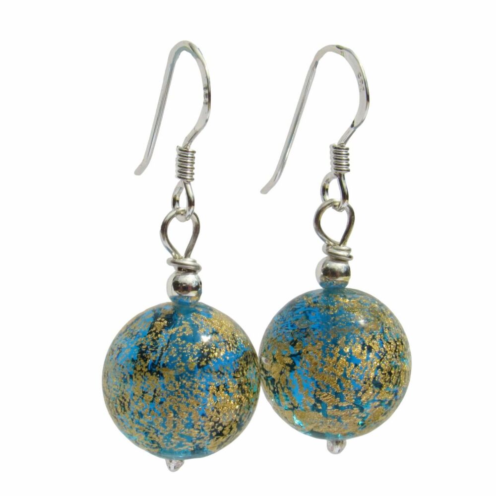 Murano Dark Blue and Gold Silver Sphere Drop Earrings - MGER10DCoD