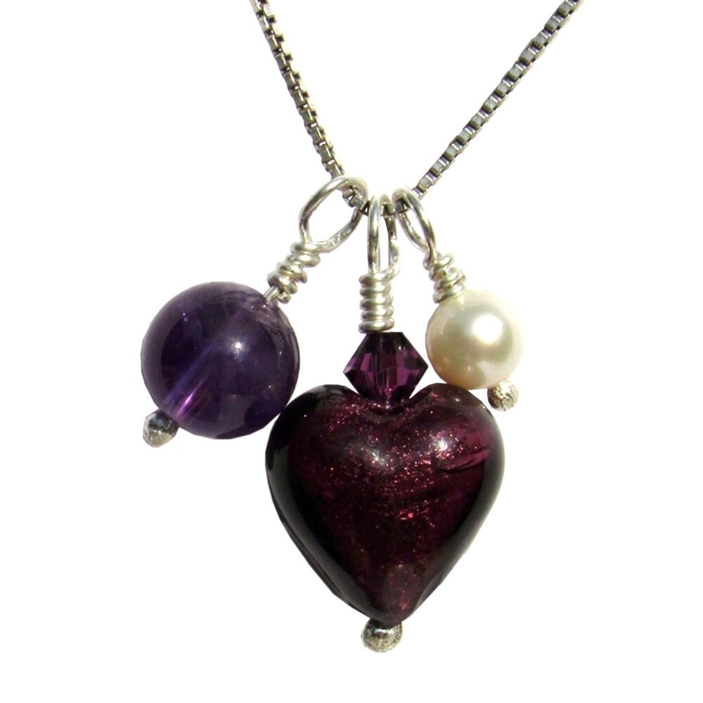 Purple Murano Glass Heart, Amethyst and Pearl Silver Necklace - MGP1PAH