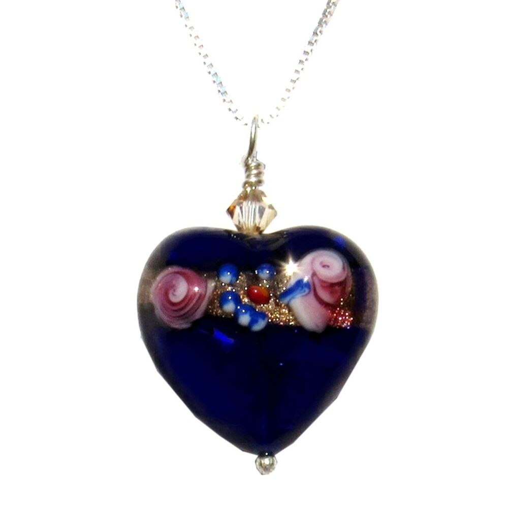 Silver and Murano Blue Fiorato Heart Necklace 20mm - MGPA10cfH