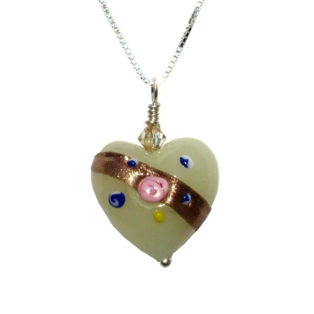 Silver and Murano Cream White Fiorato Heart Necklace 19mm - MGPA14