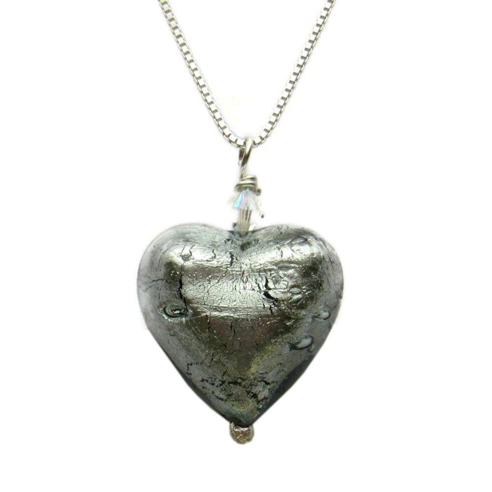 18mm Silver Murano Heart Necklace with Swarovski Crystal  - MGPA7