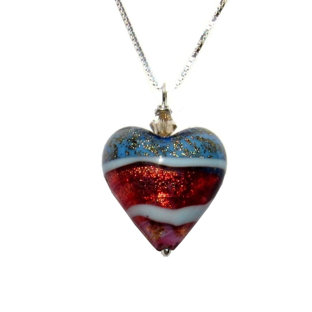 Red Blue White Gold Silver Murano Heart Necklace - MGPA15H