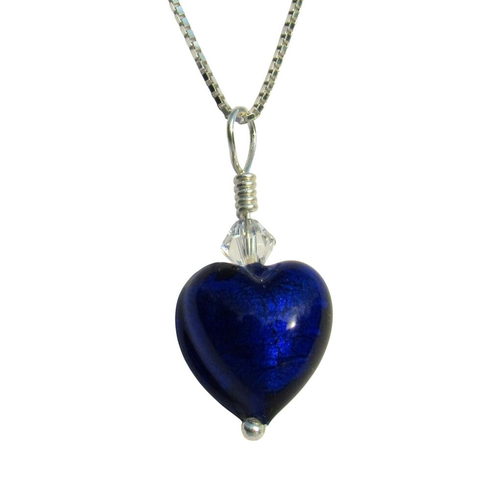 Dark Blue Murano Glass Heart Silver Necklace - MGPA10a