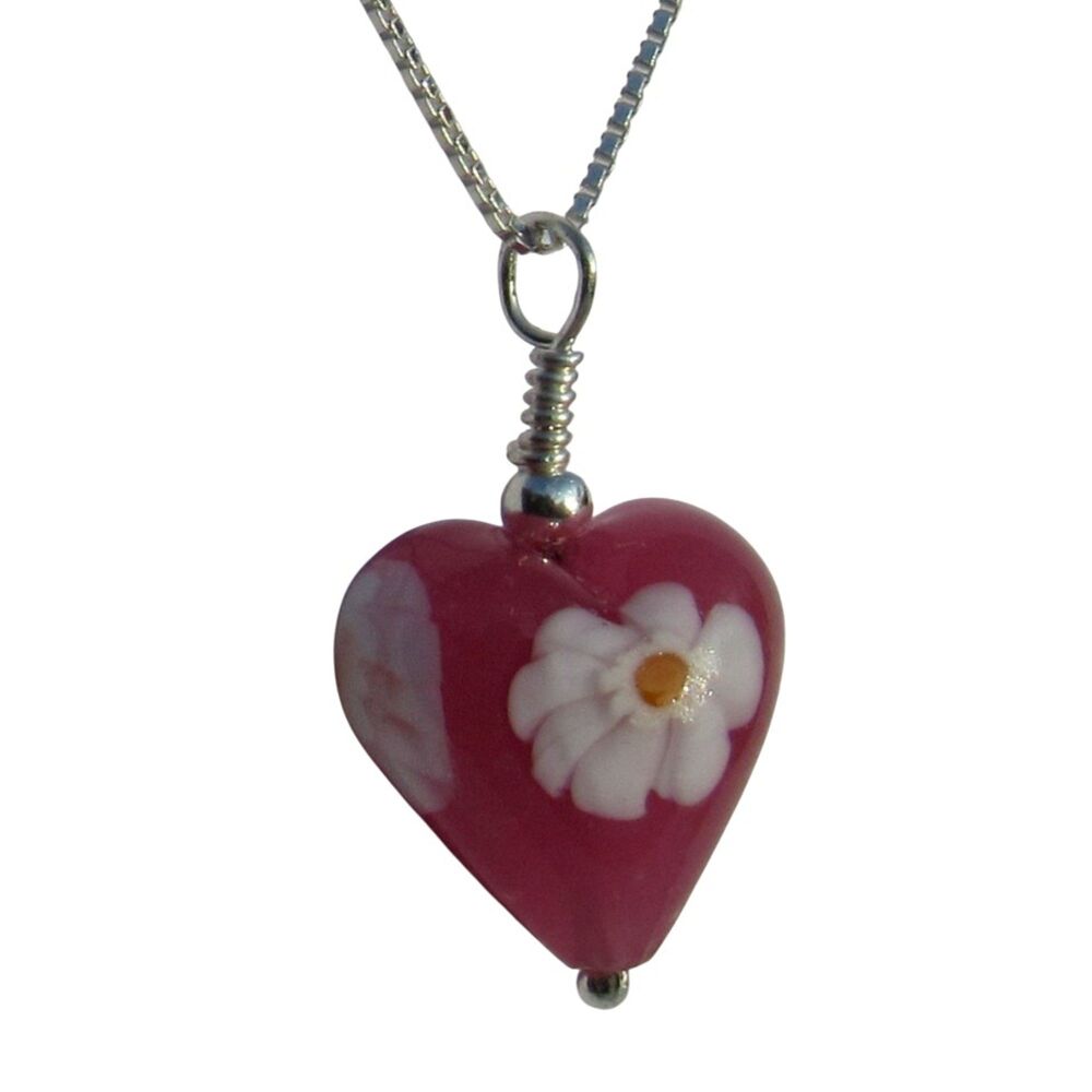 Silver and Dark Pink Daisy Murano Heart Necklace - MGPA9d13