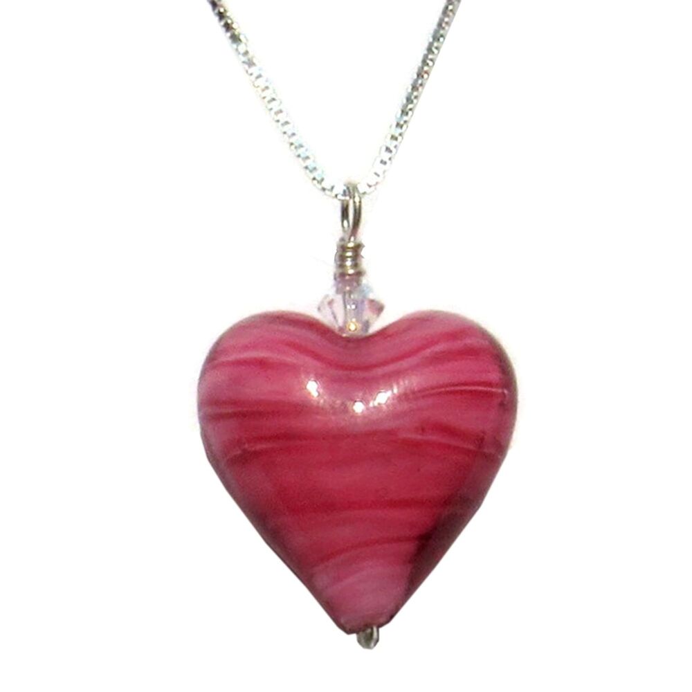 Striped Pink Venetian Murano Glass Heart Necklace- MGPA8