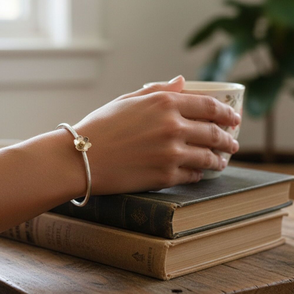 Handcrafted Ladies’ Gold & Silver Flower Bangle - GCB4