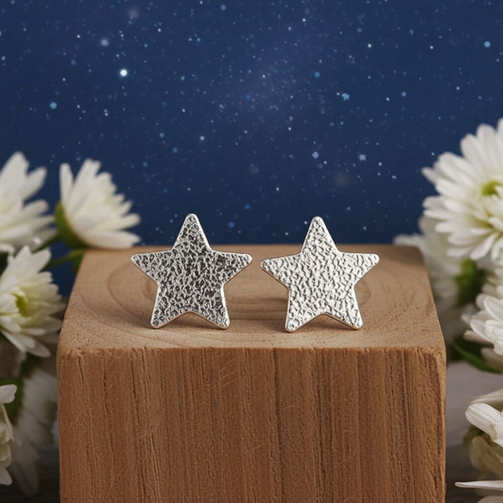 Recycled Silver Star Stud Earrings Hand-Textured Stars - BCE1