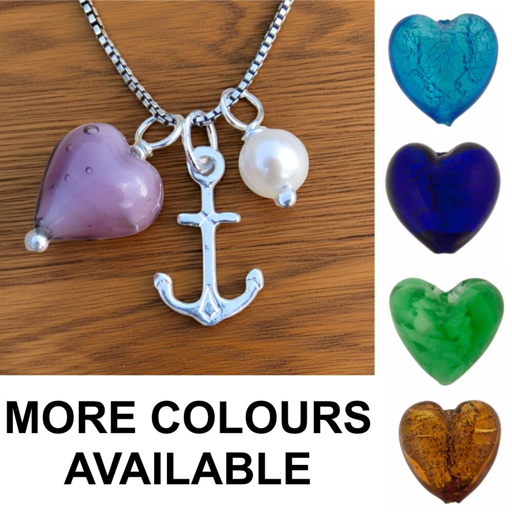 Murano Glass Heart, Anchor and Pearl Charm Necklace - MGNA