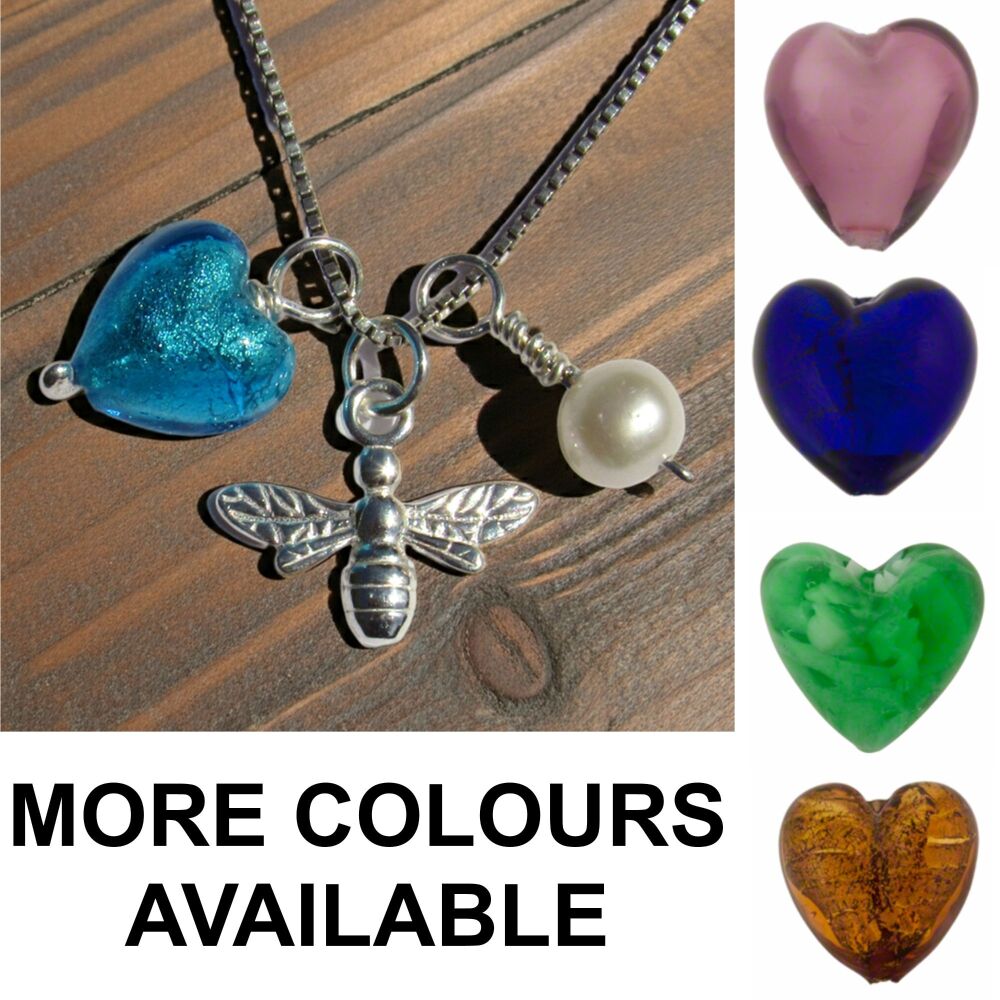 Handmade Sterling Silver Bee, Murano Heart and Pearl Necklace- MGNB
