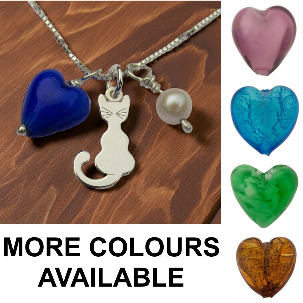 Handmade Sterling Silver Cat, Murano Heart and Pearl Necklace- MGNC