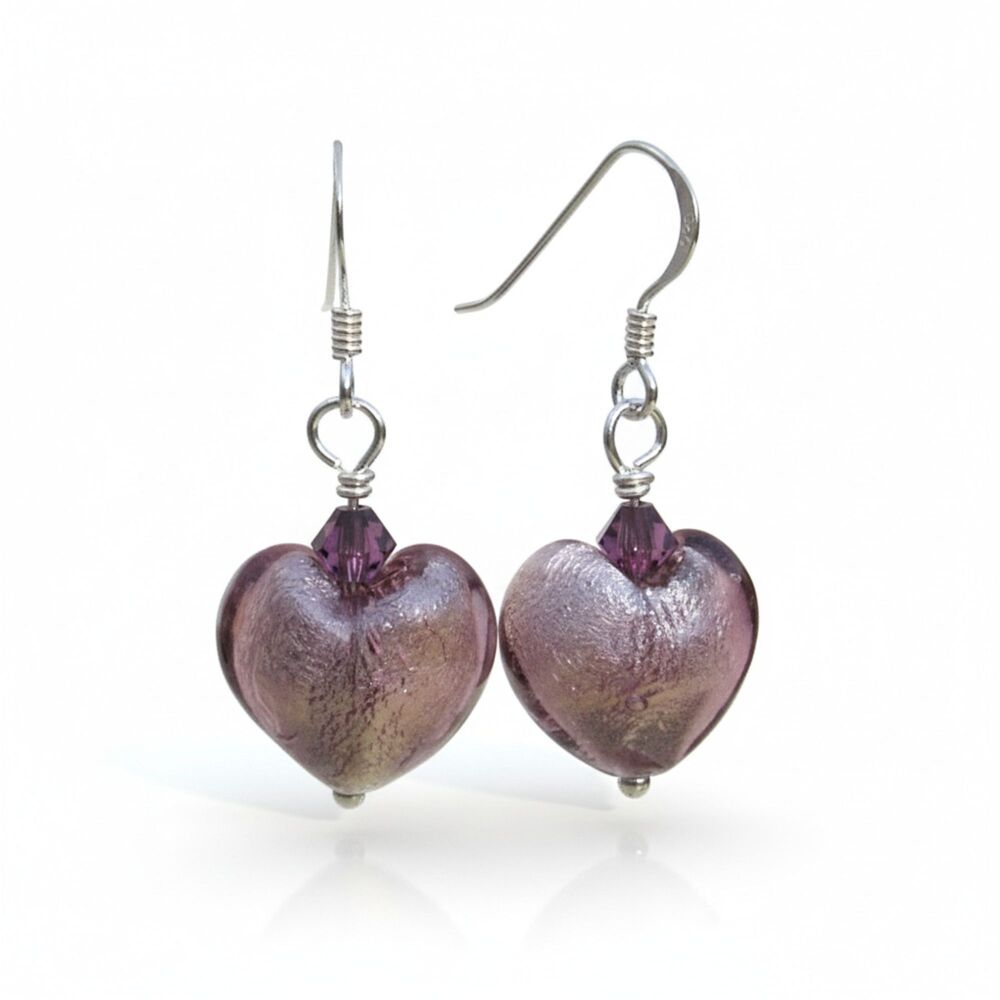 Purple Light Amethyst Murano Heart Earrings - MGE1la