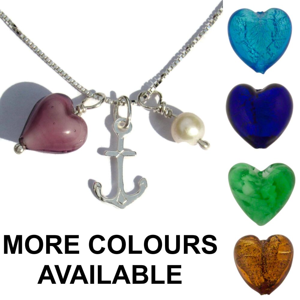 Murano Glass Heart, Anchor and Pearl Charm Necklace - MGNA