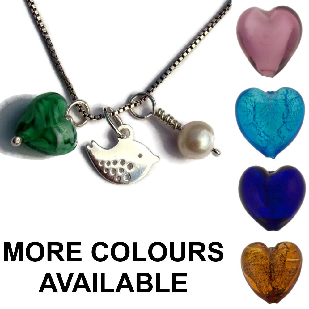 Silver Murano Glass Heart Necklace, Pearl and Bird Charm - MGNT