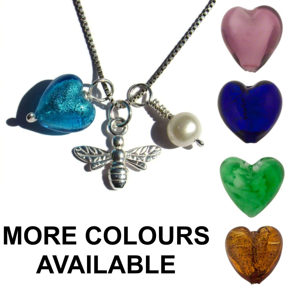 Handmade Sterling Silver Bee, Murano Heart and Pearl Necklace- MGNB