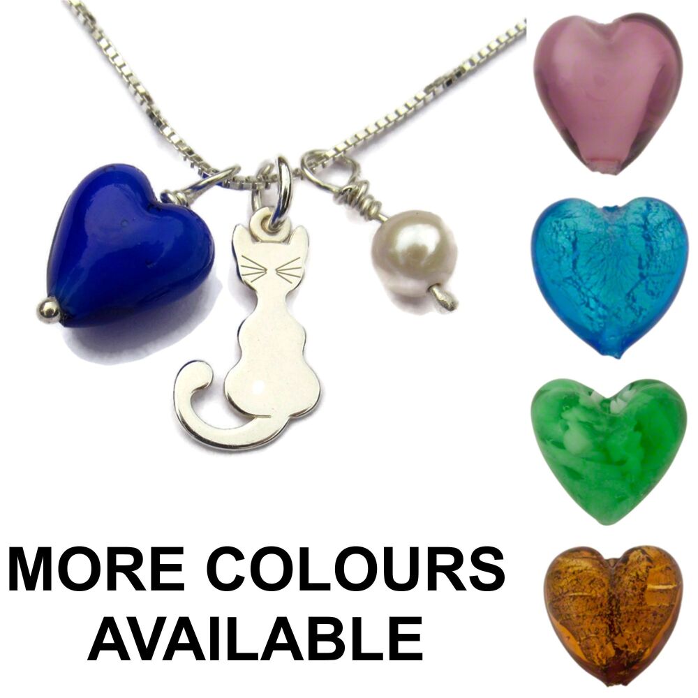 Handmade Sterling Silver Cat, Murano Heart and Pearl Necklace- MGNC