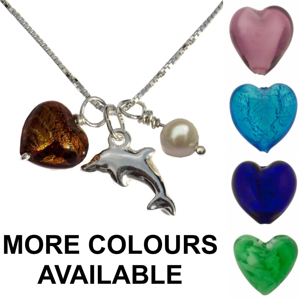 Sterling Silver Murano Glass Heart Necklace with Dolphin Charm and Pearl - MGND