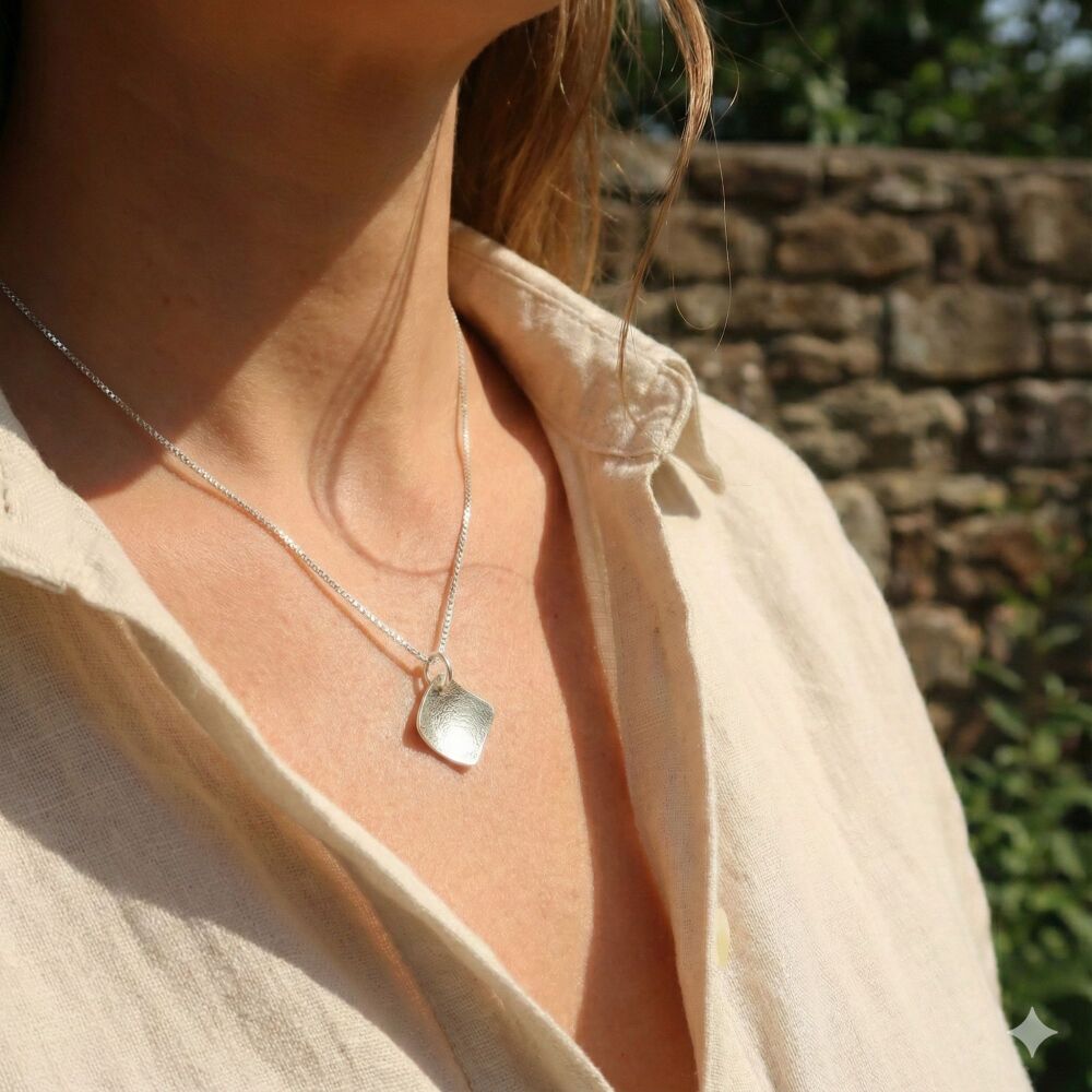 Handcrafted Textured Silver Square Necklace - DDP17