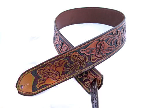 Handmade Leather California Poppy Tooled Guitar Strap