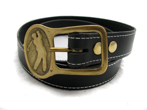 Handmade Black Leather Belt with Vintage Brass Golfer Buckle