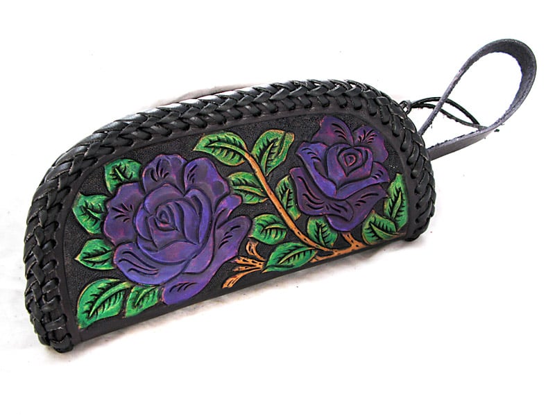 Handmade Leather Purse with Purple Roses