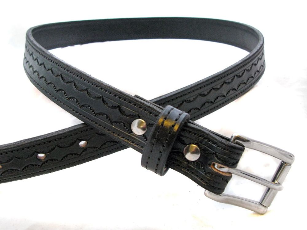 Handmade Black Leather Tooled Belt 