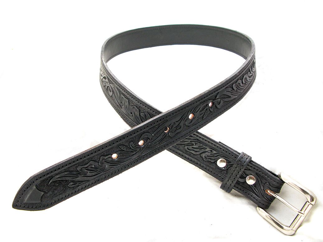 Handmade Black Leather Floral Tooled Belt