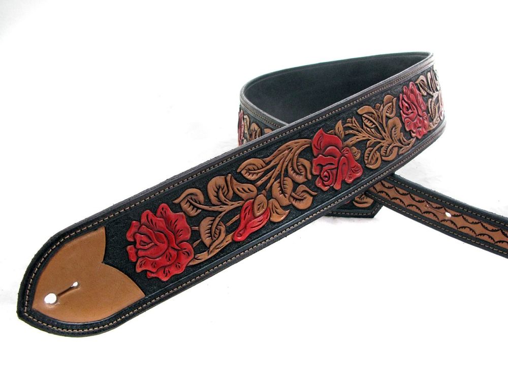 Handmade Leather Tooled Red Rose Guitar Strap
