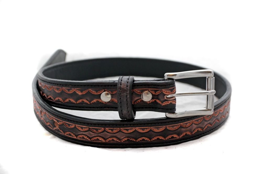 Handmade Black Leather Tooled Belt