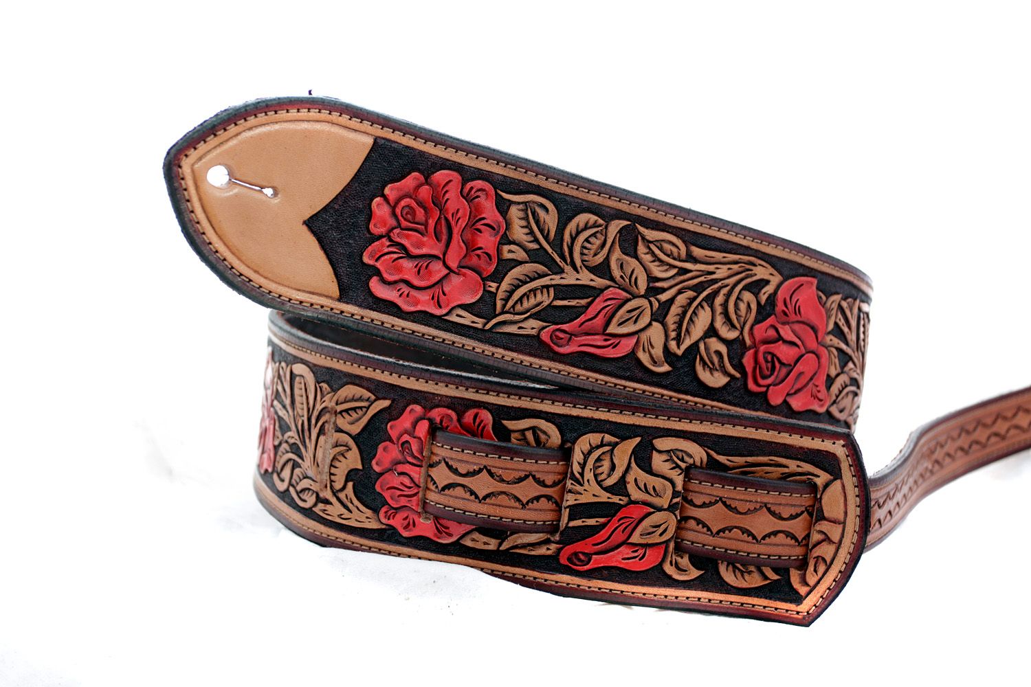 Handmade Leather Red Rose Guitar Strap