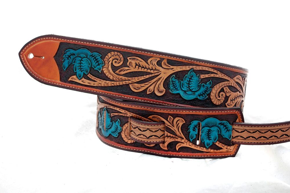 Handmade Leather Turquoise Floral Guitar Strap