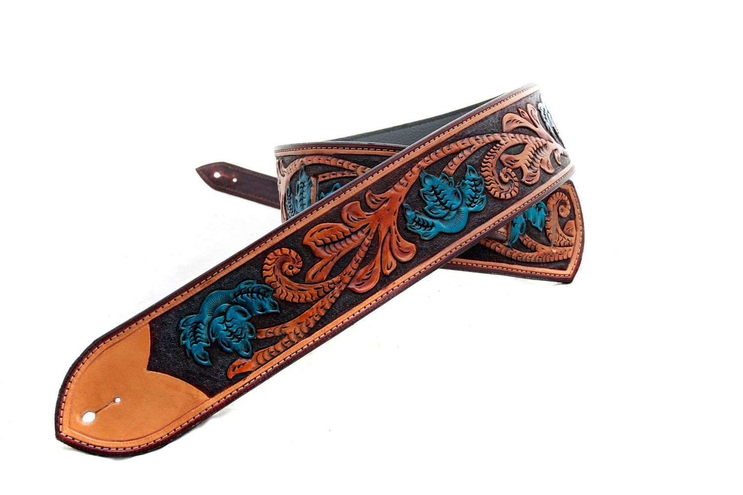 Handmade Leather Turquoise Floral Guitar Strap