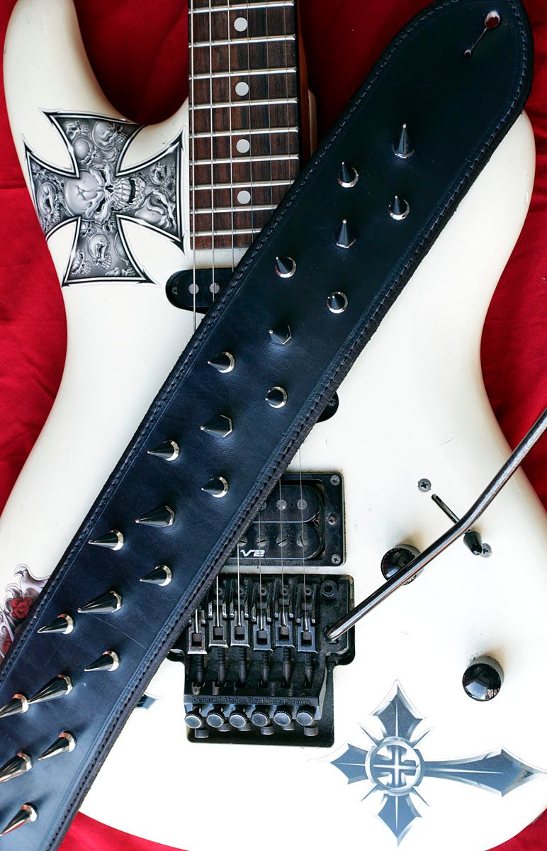 Handmade Black Leather Guitar Strap with Spikes